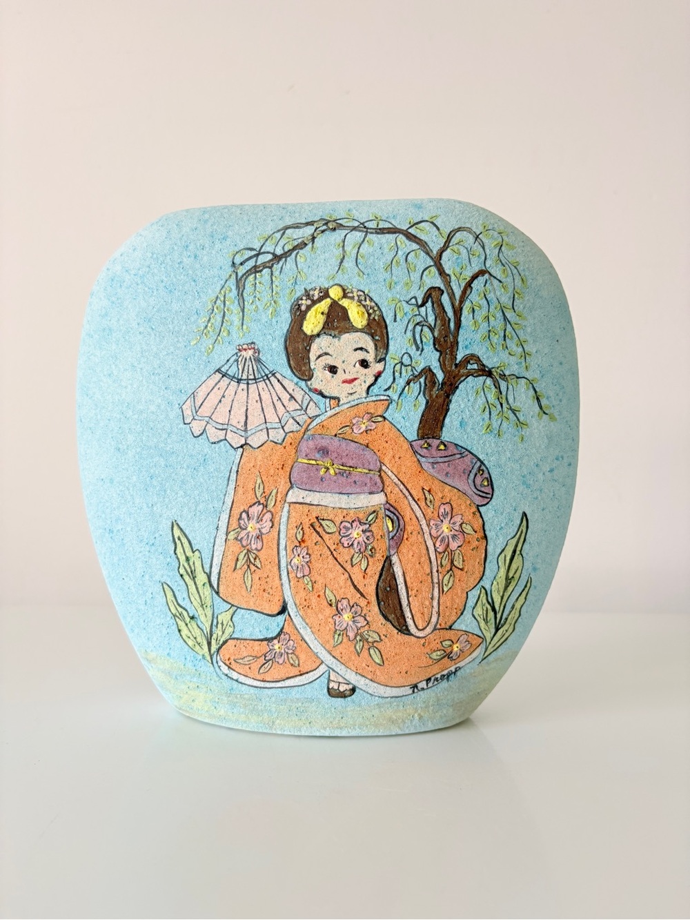 Ceramic Hand Painted Unglazed Matte Japanese Geisha Artist Signed “N Propp”